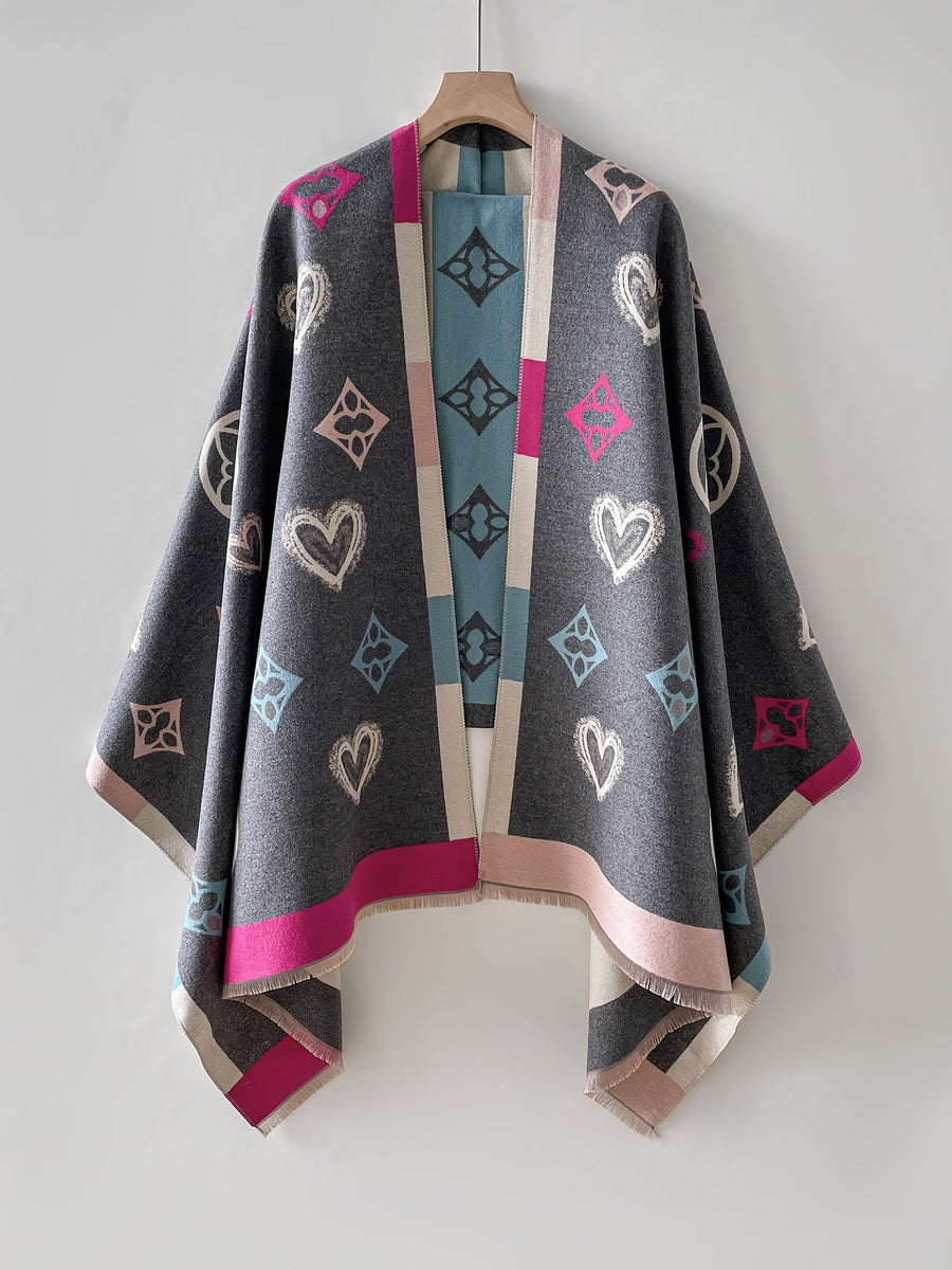 Damen Poncho mit Herz- und Logomuster Fransen Detail