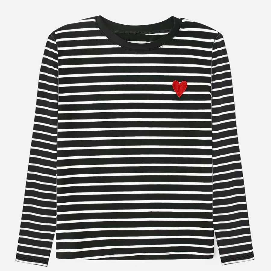 Langarmshirt Damen gestreift mit rotem Herz-Patch Schwarz Weiß