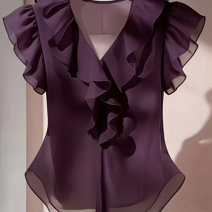 Damen Rüschenbluse mit V-Ausschnitt und Volantärmeln – Eleganter Stil für Büro und besondere Anlässe