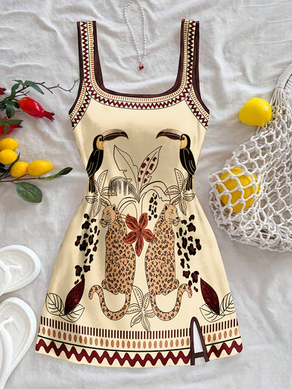 Damen Mini Kleid mit exotischem Tier- und Pflanzenmuster, Boho-Style, Freizeit & Urlaub
