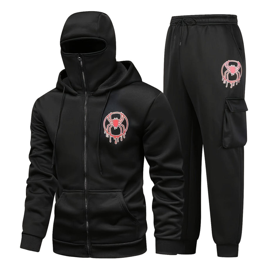 Unisex Kapuzenpullover und Jogginghose Trainingsanzug mit Balaclava-Haube und Spinnenmotiv, Reißverschluss, Taschen