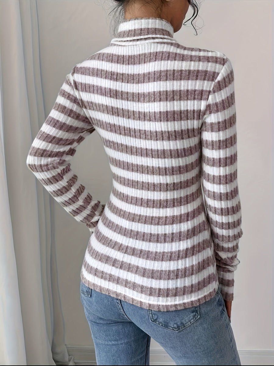 Damen Rollkragenpullover gestreift, Rippstrick, Langarm