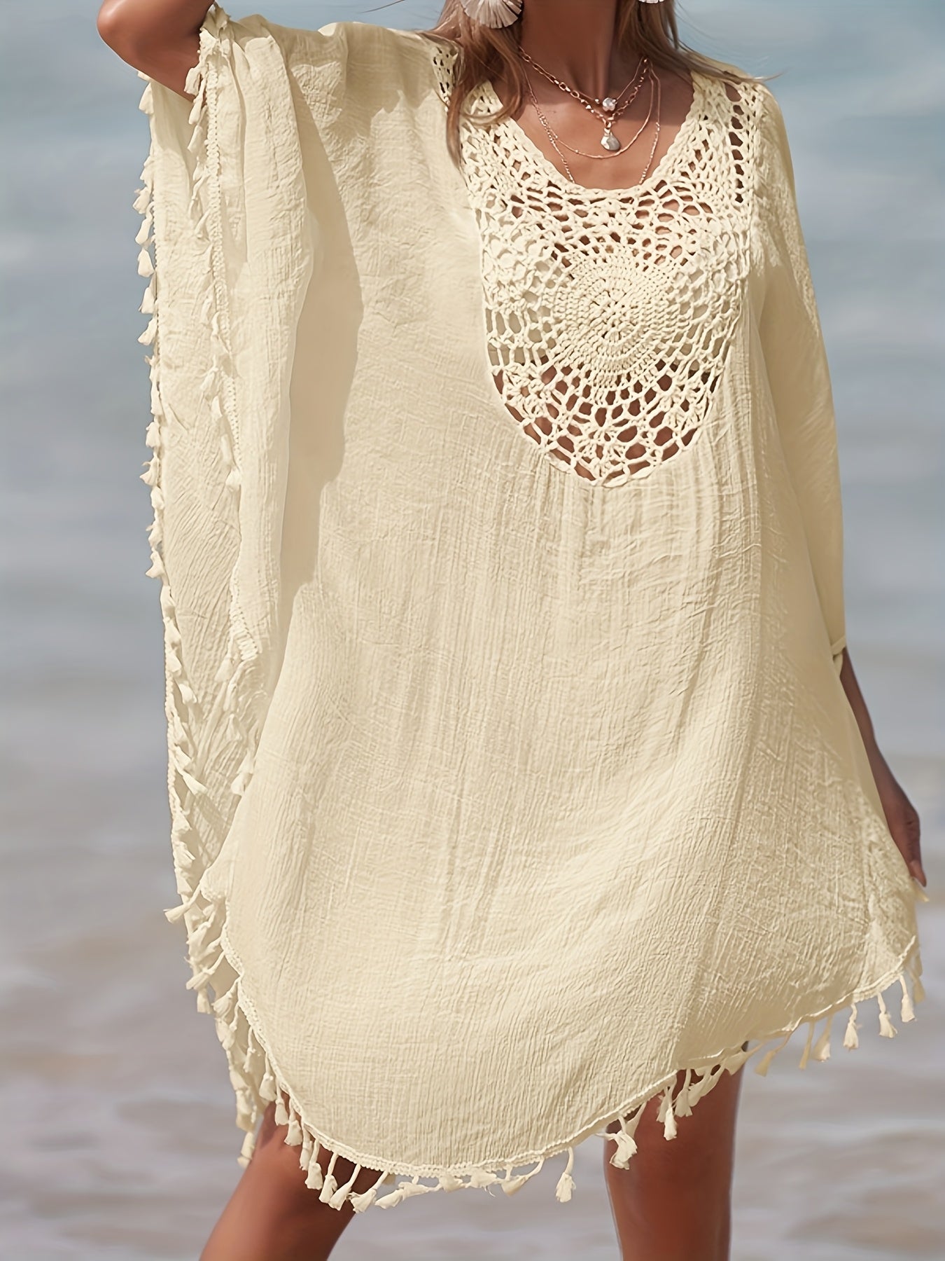 Damen Strand Kaftan Poncho mit Häkel-Details und Quasten – Perfekte Strandmode Cover-Up