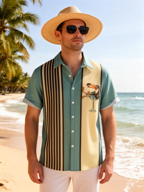 Herren Retro Strandhemd mit Tropical-Design und Cocktail-Vogel Print – Perfekt für den Sommerurlaub