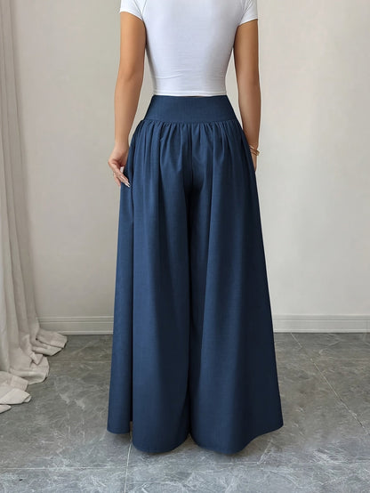 Damen Weite Palazzo-Hose mit High Waist und Knopfdetails – Elegante Freizeit- und Ausgeh-Hose