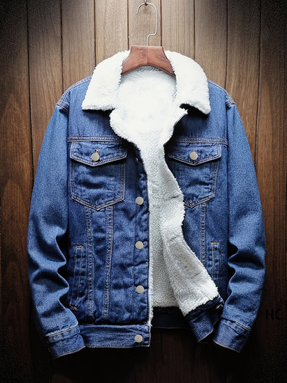 Jeansjacke Herren gefüttert mit Fellkragen Hellblau Winterjacke Baumwoll-Mix