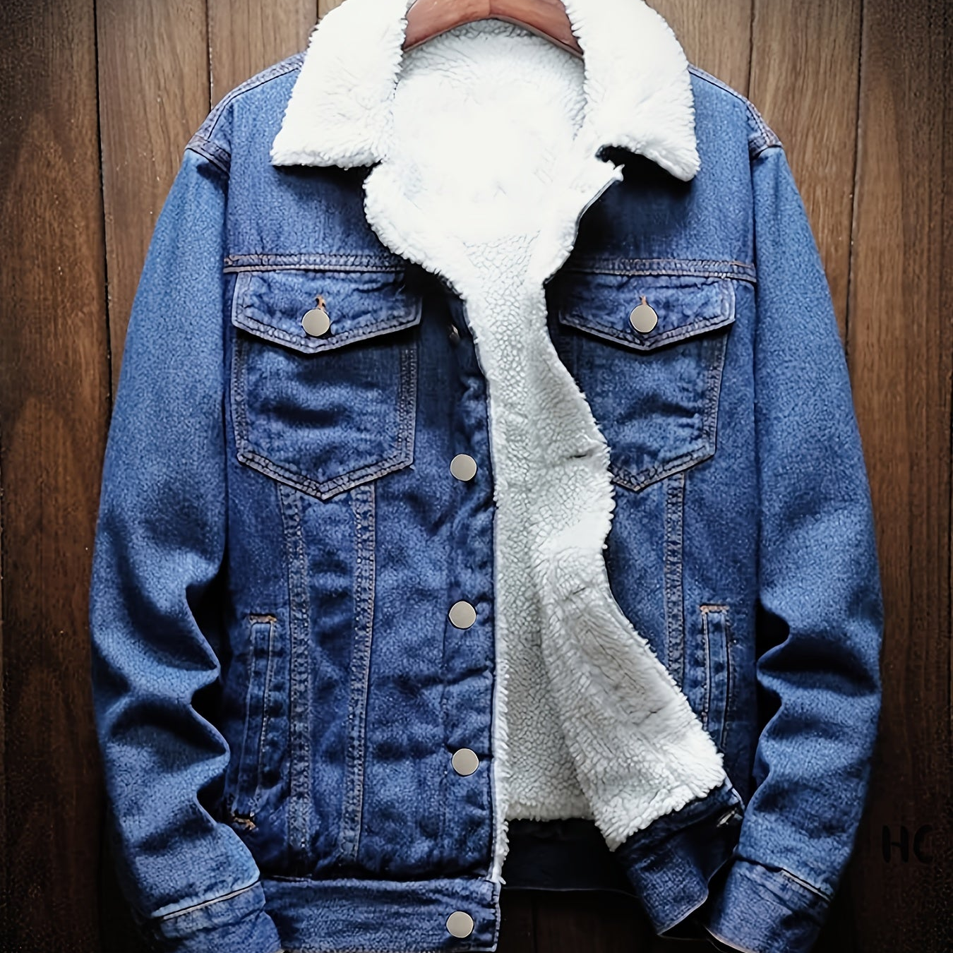 Jeansjacke Herren gefüttert mit Fellkragen Hellblau Winterjacke Baumwoll-Mix