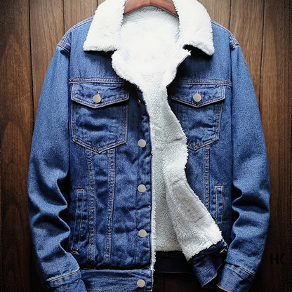 Jeansjacke Herren gefüttert mit Fellkragen Hellblau Winterjacke Baumwoll-Mix