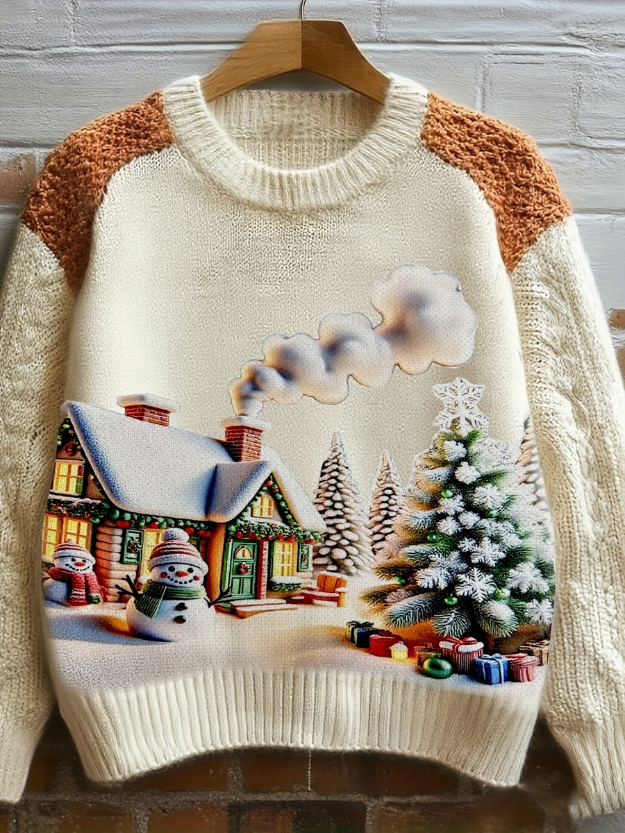 Creme-farbener Strickpullover mit Rundhalsausschnitt und Motiv