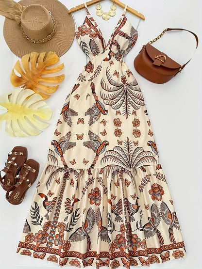 Damen Maxikleid Boho-Style mit tropischem Print und V-Ausschnitt – Perfekt für Urlaub und Sommerfeste