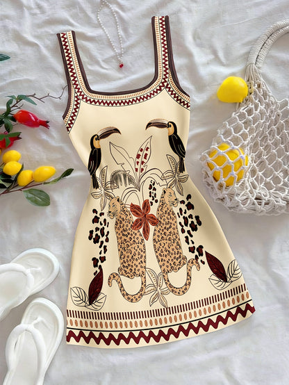Damen Mini Kleid mit exotischem Tier- und Pflanzenmuster, Boho-Style, Freizeit & Urlaub