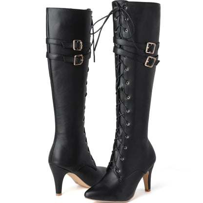 Damen Stiefel Schwarz mit Schnürung, hohem Absatz und Schnallen