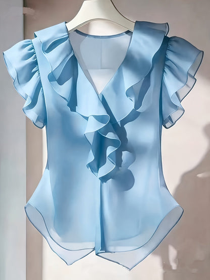Damen Rüschenbluse mit V-Ausschnitt und Volantärmeln – Eleganter Stil für Büro und besondere Anlässe