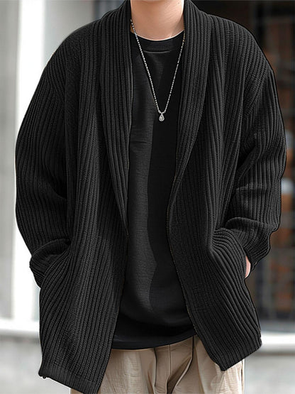 Herren Strickjacke Offen Gerippt Schwarz Lässiger Cardigan