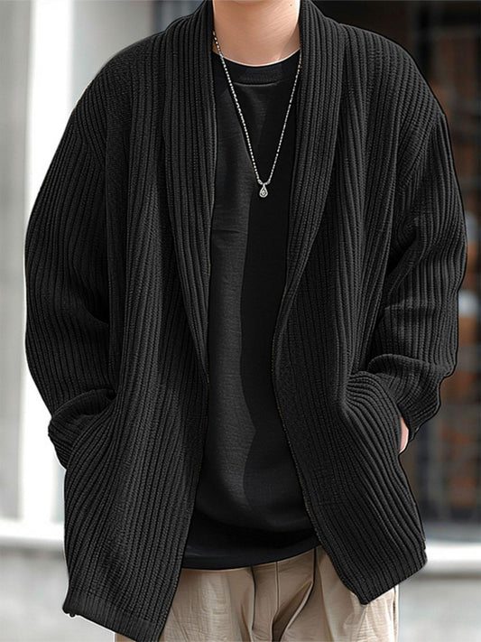 Herren Strickjacke Offen Gerippt Schwarz Lässiger Cardigan