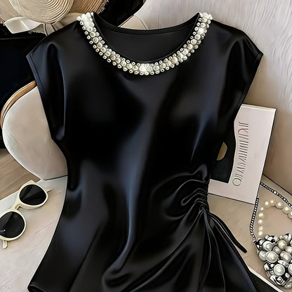 Damen Elegante Satinbluse mit Perlenkragen und Raffdetails – Stilvolle Kurzarm-Bluse für festliche Anlässe