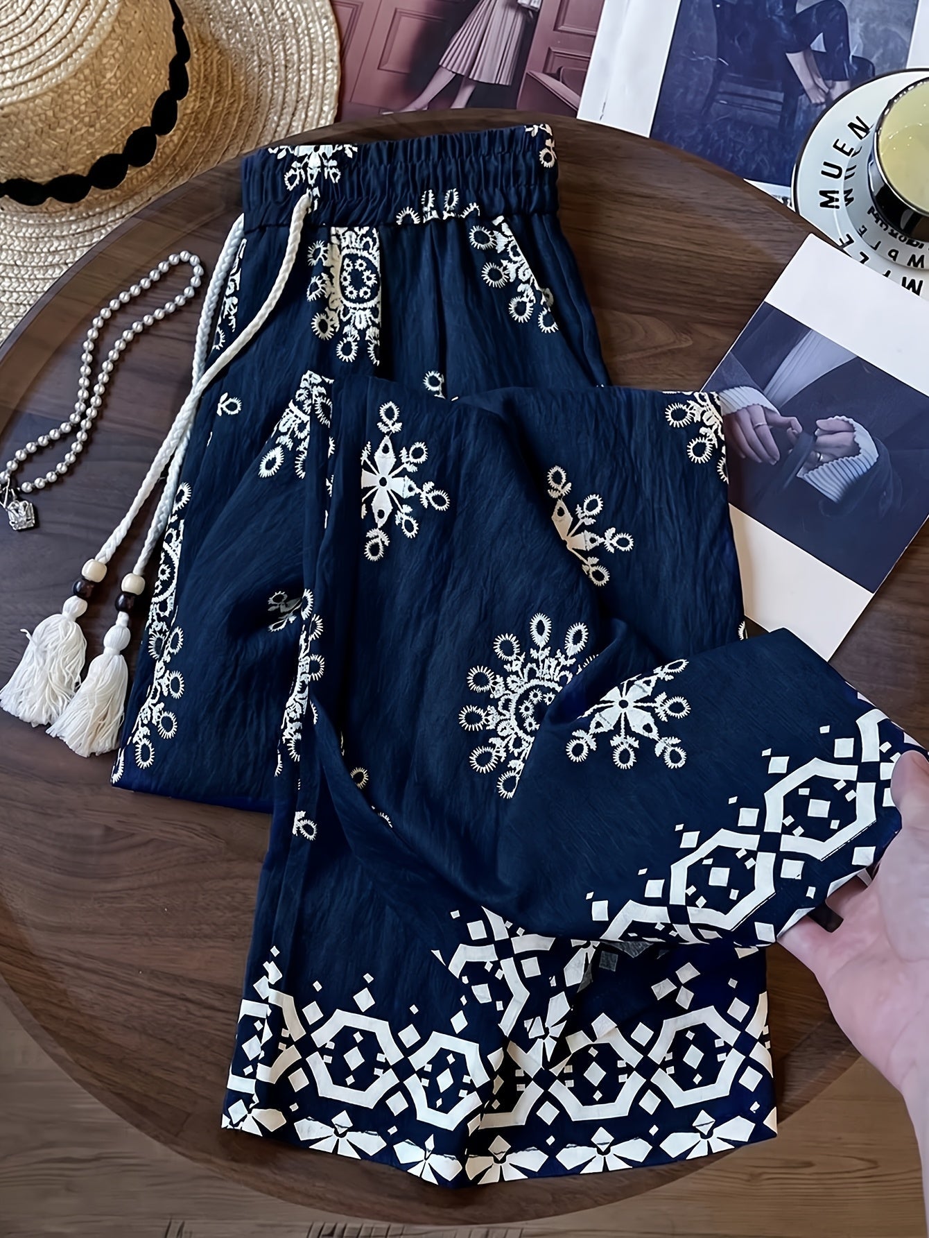 Damen Palazzo-Hose mit Boho-Stickerei und weitem Bein – Eleganter Freizeit-Look