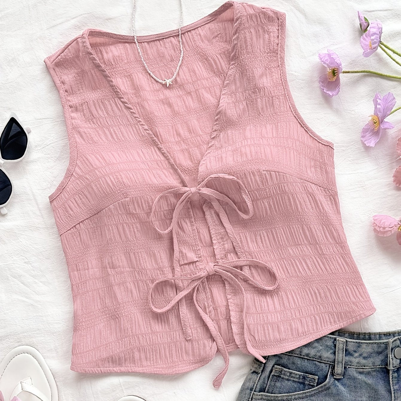 Damen Boho Weste mit Bindeband und Crinkle-Optik – Modisches ärmelloses Top für Freizeit und Urlaub
