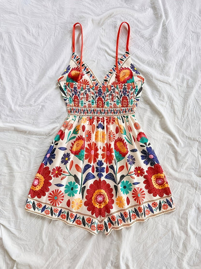 Damen Jumpsuit mit Blumenmuster und Spaghettiträgern – Verspielter Einteiler für Freizeit und Urlaub