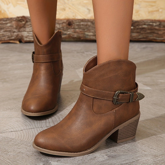 Damen Stiefelette mit Western-Schnalle & Blockabsatz, Braun