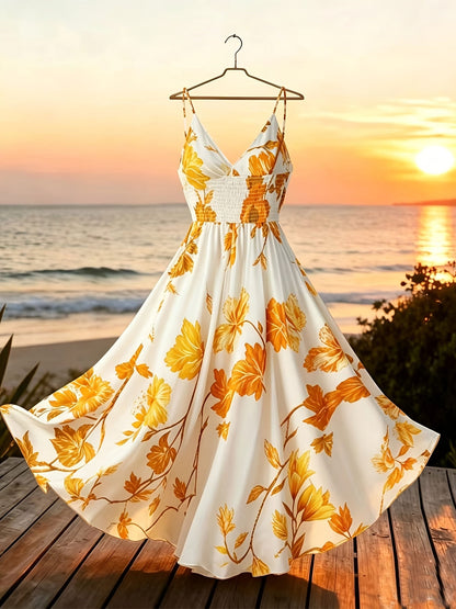 Damen Maxi Kleid mit Blumenmuster und schwingendem Rock – Eleganter Boho Stil für besondere Anlässe
