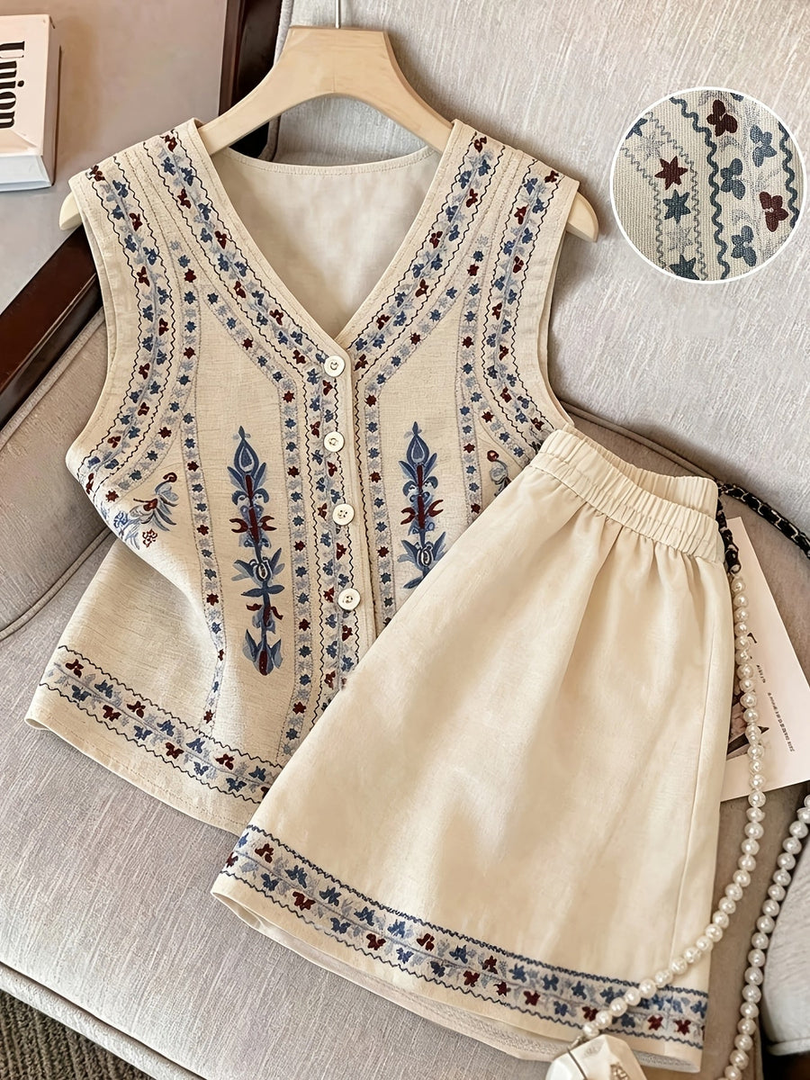 Damen Zweiteiler Weste & Shorts Set mit V-Ausschnitt und Stickerei – Ärmelloses Oberteil & Elastische Taille Shorts