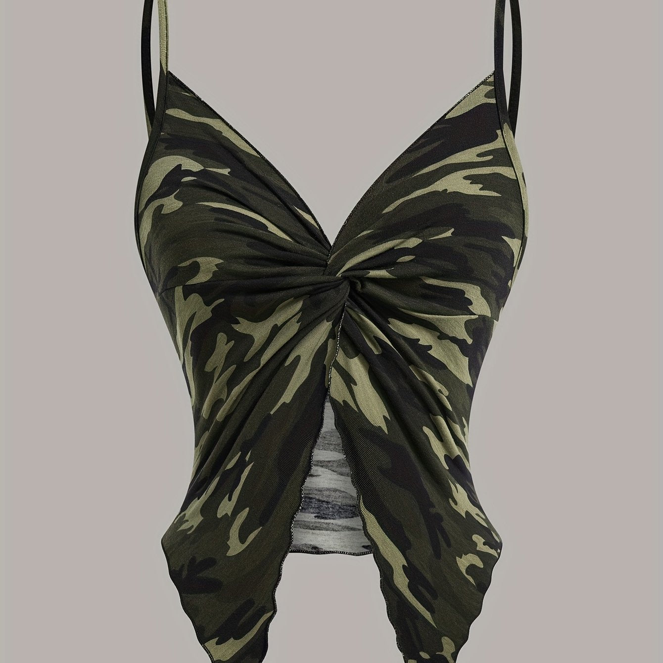Damen Camouflage Handkerchief-Top mit Twist-Front und Spaghettiträgern – Modisches Streetwear Camisole