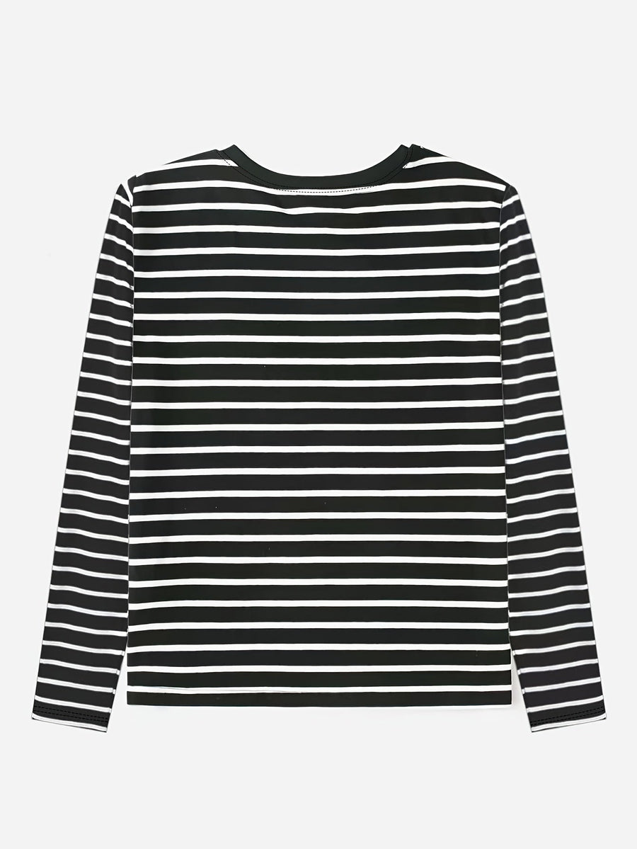 Langarmshirt Damen gestreift mit rotem Herz-Patch Schwarz Weiß