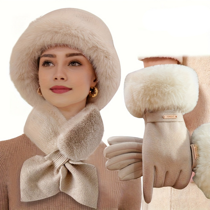 3-teiliges Hut Schal Handschuh Set Damen Winter mit Kunstpelz