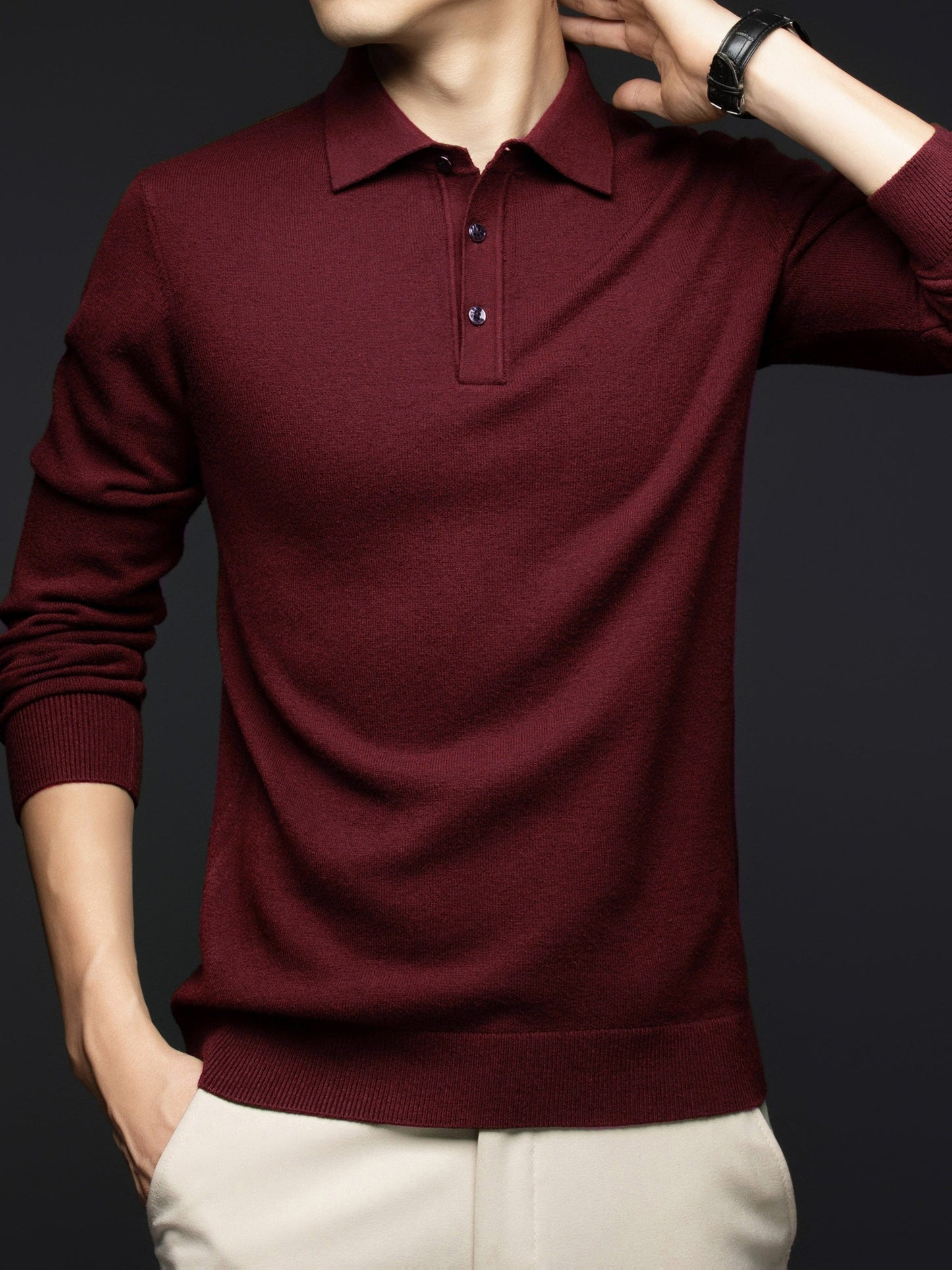 Herren Langarm Polohemd Strickpullover mit Knopfleiste