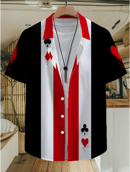 Herren Kurzarm Freizeithemd mit Spielkarten-Motiv und Knopfleiste – Stilvolles Party- und Freizeitshirt