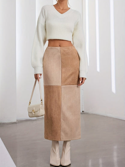 Damen Midi-Rock Patchwork A-Linie Zweifarbig mit hohem Bund