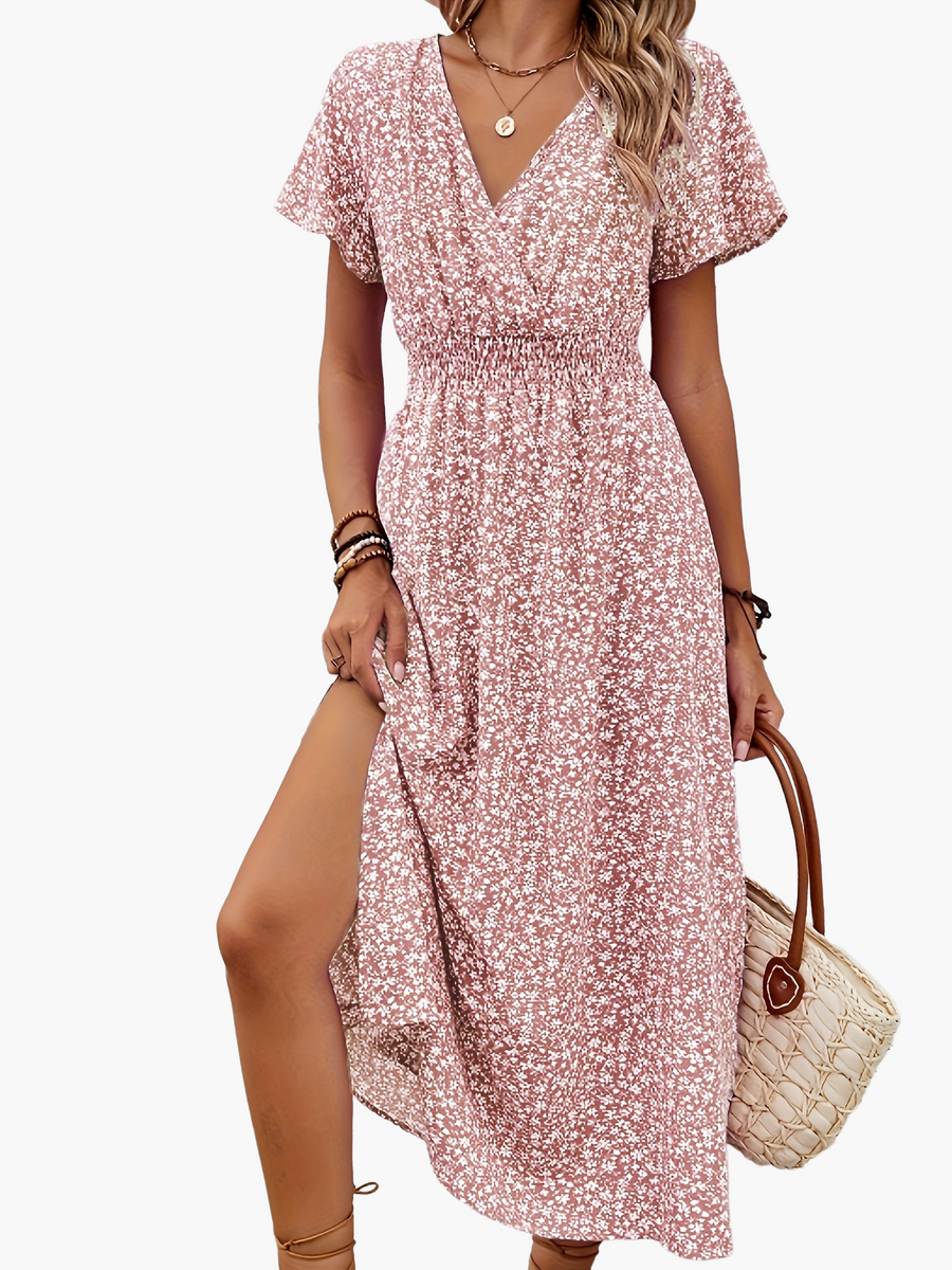 Damen Boho Maxikleid mit V-Ausschnitt und Blumenmuster – Elegantes Sommerkleid für Alltag und Urlaub