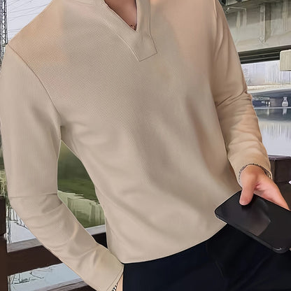 Herren Langarmshirt Henley Kragen Rippstruktur V-Ausschnitt Freizeit Business