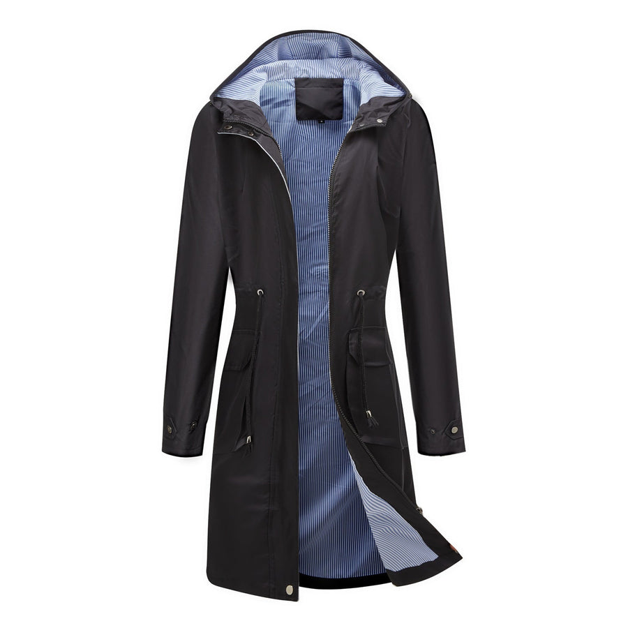 Damen Langer Regenmantel mit Kapuze Tunnelzug Freizeit Jacke