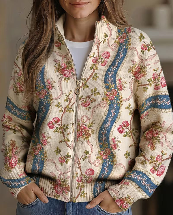 Damesbomberjack met ritssluiting, bloemenpatroon en blauw bandpatroon