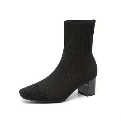 Damen Strick-Stiefelette mit Blockabsatz & spitzer Zehenpartie