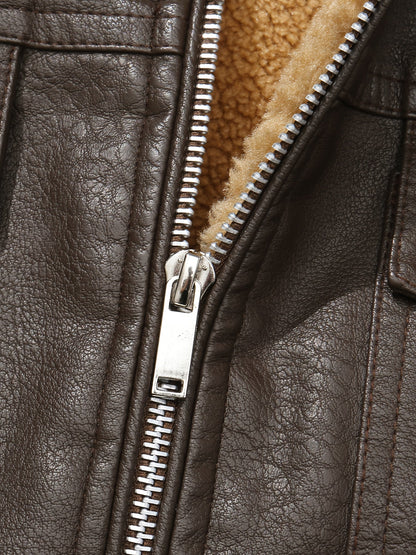 Herren Weste im Lederlook mit Teddyfutter und Reißverschluss, Multi-Taschen Design