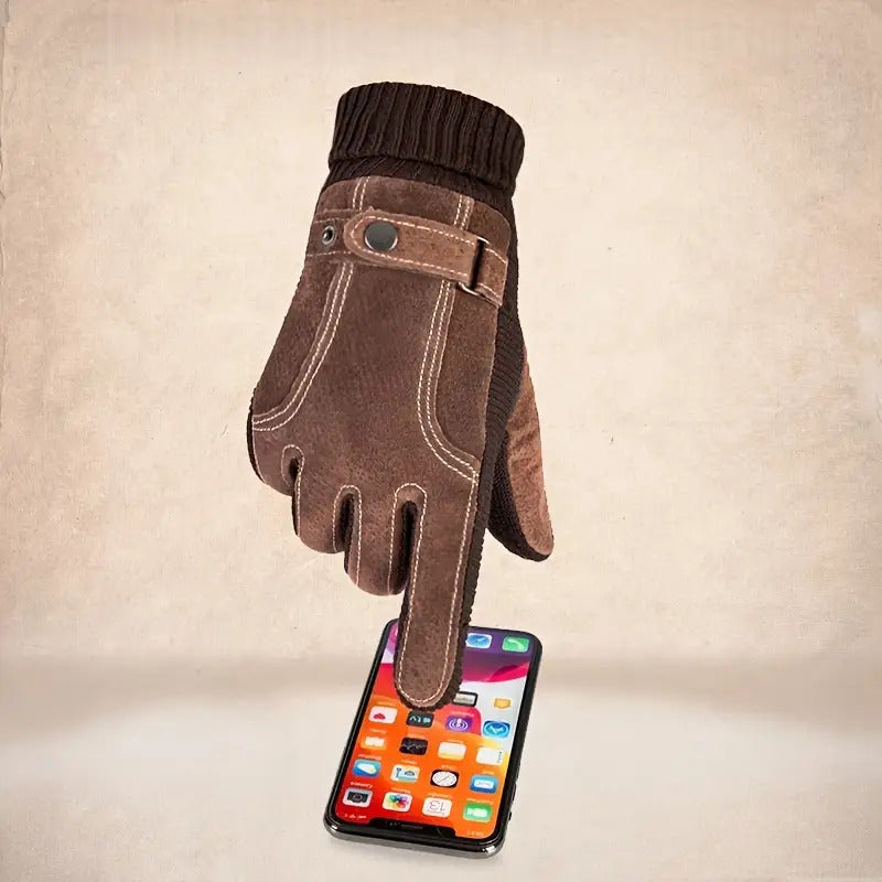 Unisex Halbfinger-Handschuhe mit Strickbündchen, Ziernähten und Druckknopf