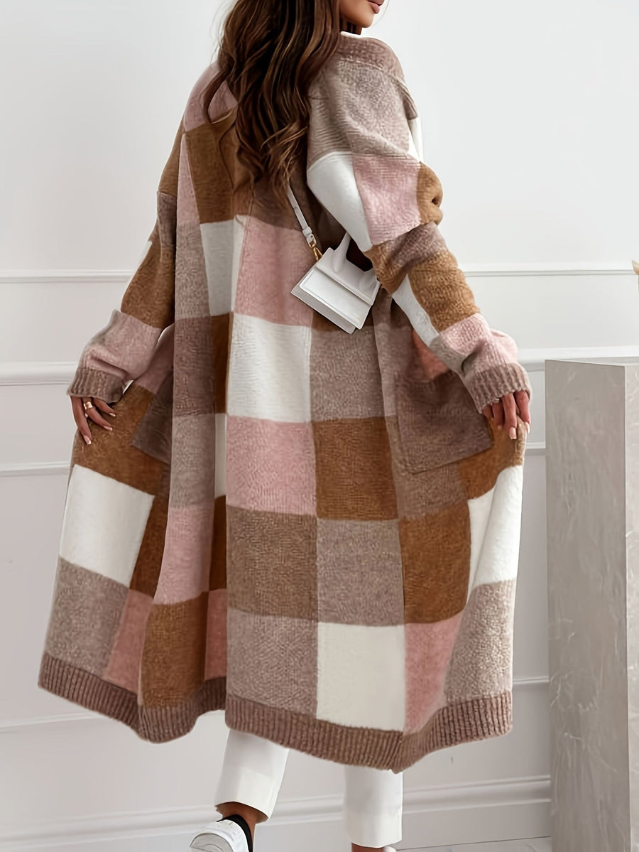 Damen Langer Strick-Cardigan mit Farbblock-Muster Beige Rosa Weiß