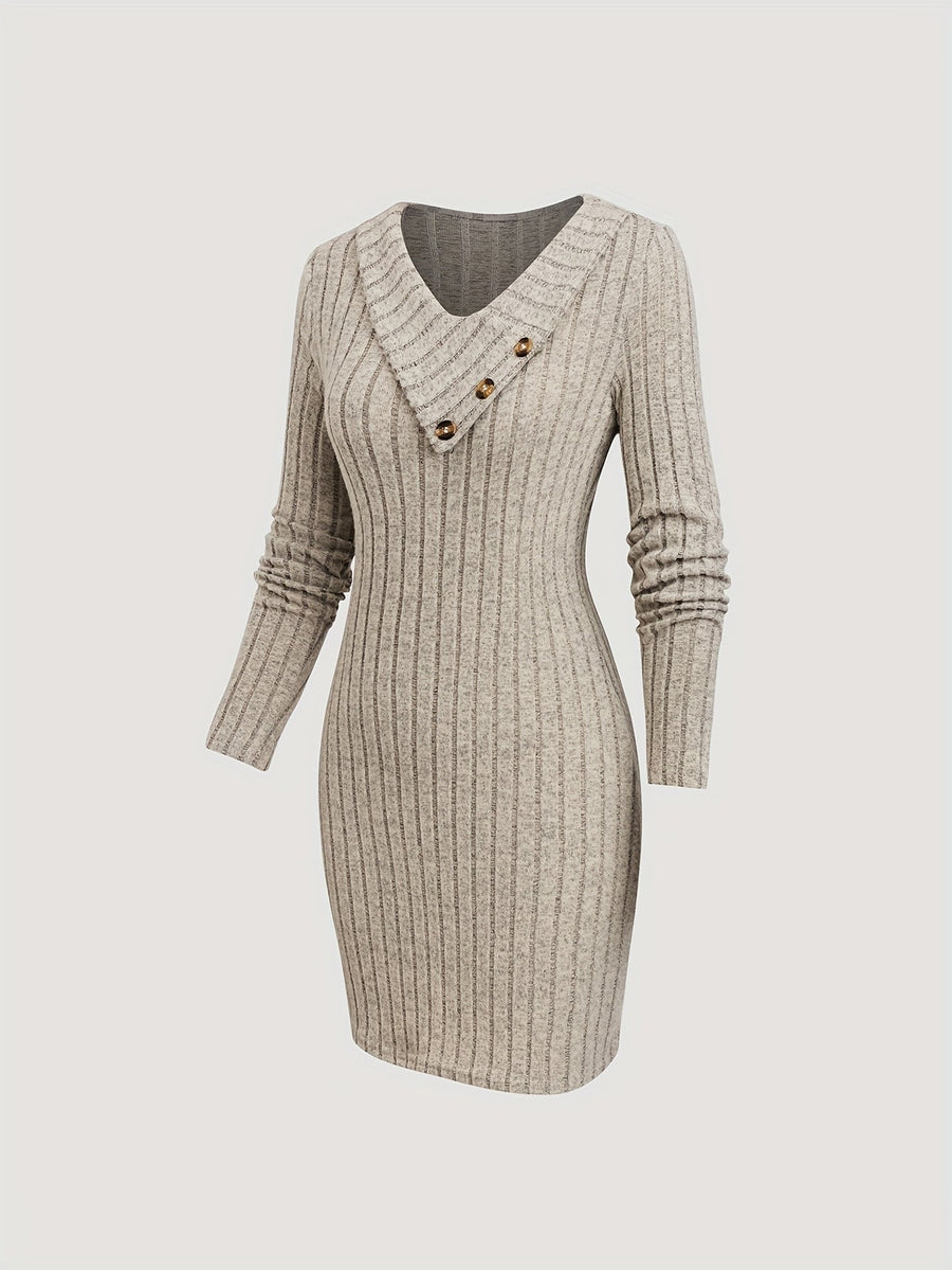 Damen Geripptes Langarmkleid mit V-Ausschnitt und Knopfdetails