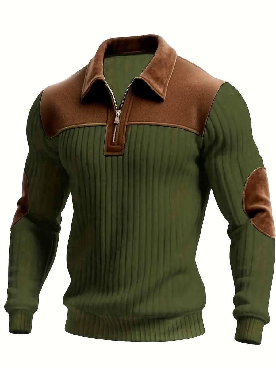 Herren Strickpullover Rippstrick Reißverschluss Kragen Ellenbogenpatches Beige Braun
