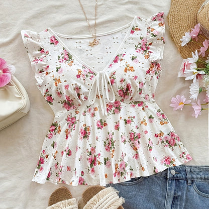 Damen Bluse mit Blumenmuster und Volantärmeln – Romantische Peplum Bluse für Alltag und Freizeit