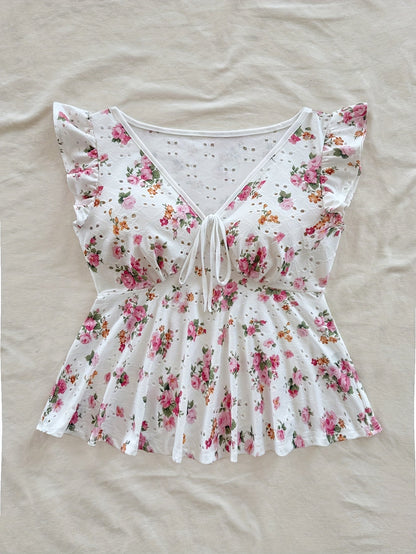 Damen Bluse mit Blumenmuster und Volantärmeln – Romantische Peplum Bluse für Alltag und Freizeit
