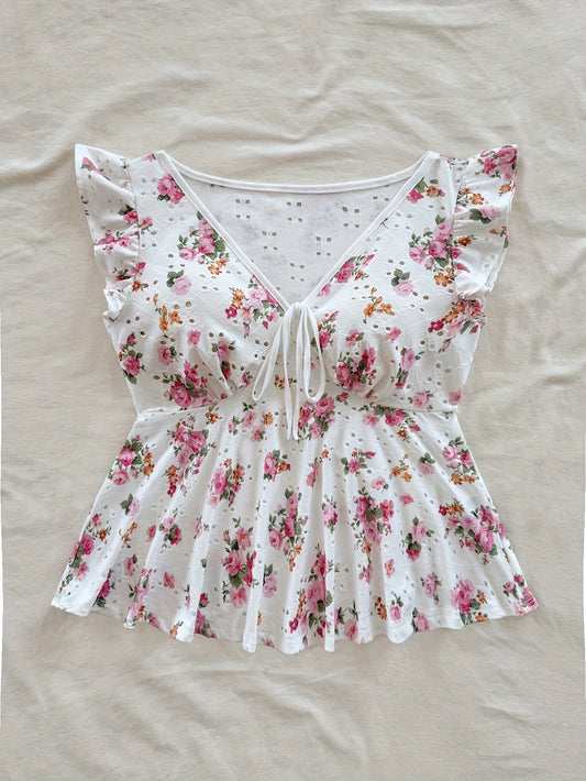 Damen Bluse mit Blumenmuster und Volantärmeln – Romantische Peplum Bluse für Alltag und Freizeit