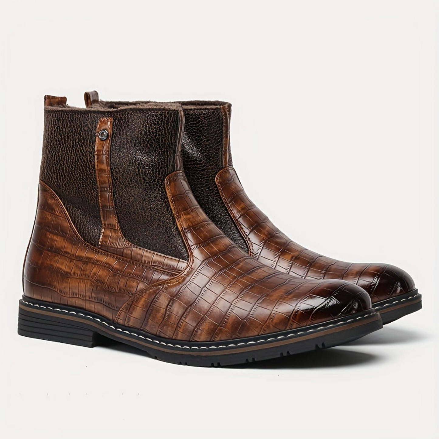 Herren Stiefeletten Dunkelbraun mit Kroko-Prägung und Futter