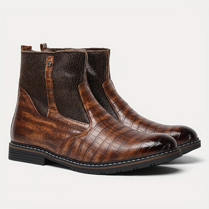 Herren Stiefeletten Dunkelbraun mit Kroko-Prägung und Futter
