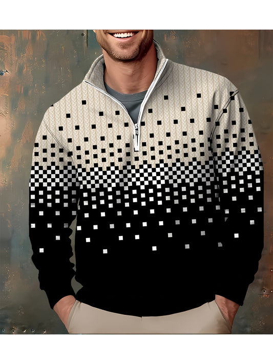 Herren Halb-Reißverschluss Pullover Strickmuster Quadratmuster Ombre Schwarz