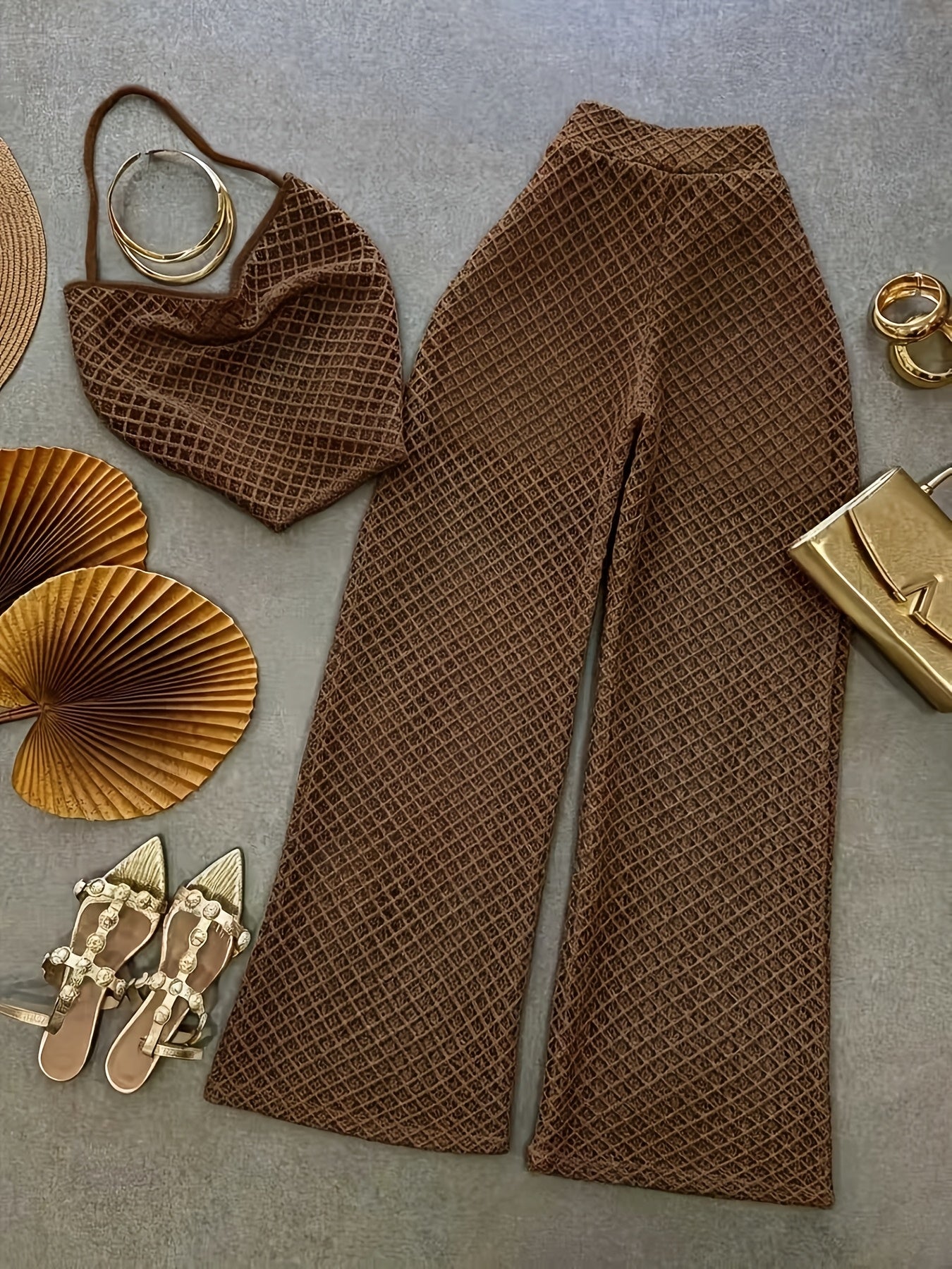 Damen Zweiteiler Set – Elegantes Netz-Top und Weitbeinige Hose für Urlaub & Strand