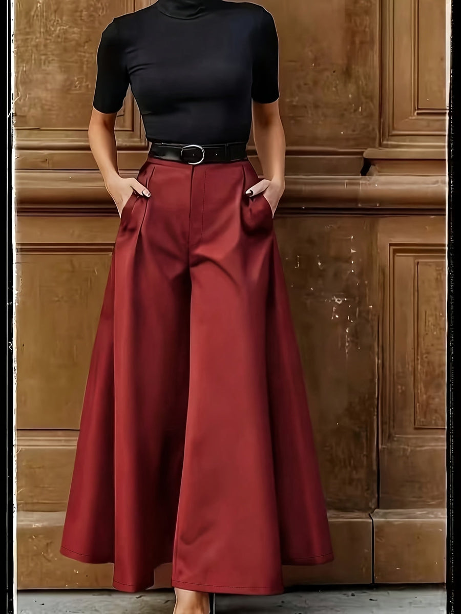 Damen Elegante High-Waist Weite Palazzo Hose mit Gürtel – Perfekt für Büro und besondere Anlässe